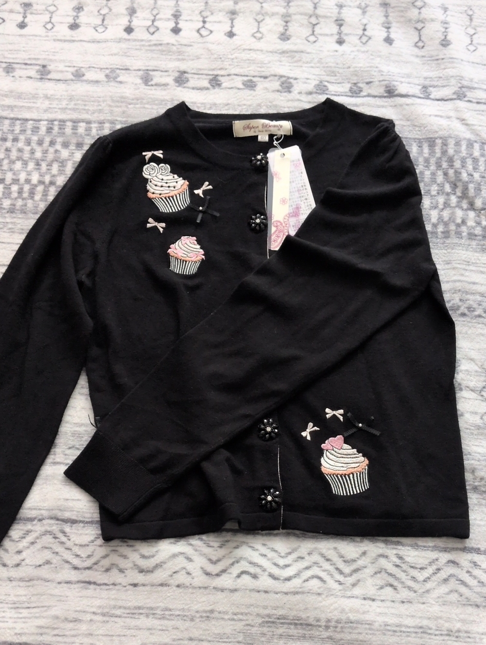 Black Cupcake Embroidered Cardigan - Girls Elegant Knit Top
